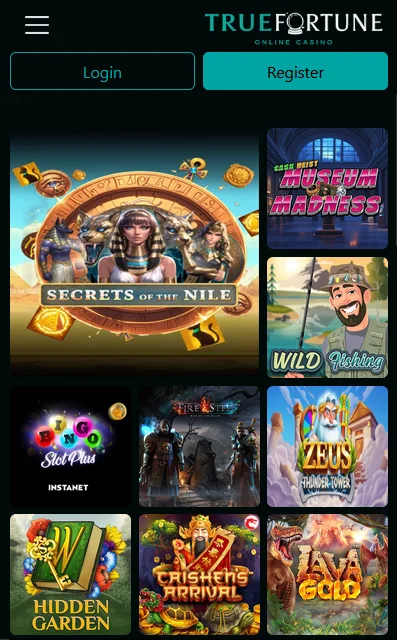 True Fortune mobile lobby with Secrets of the Nile and other pokies