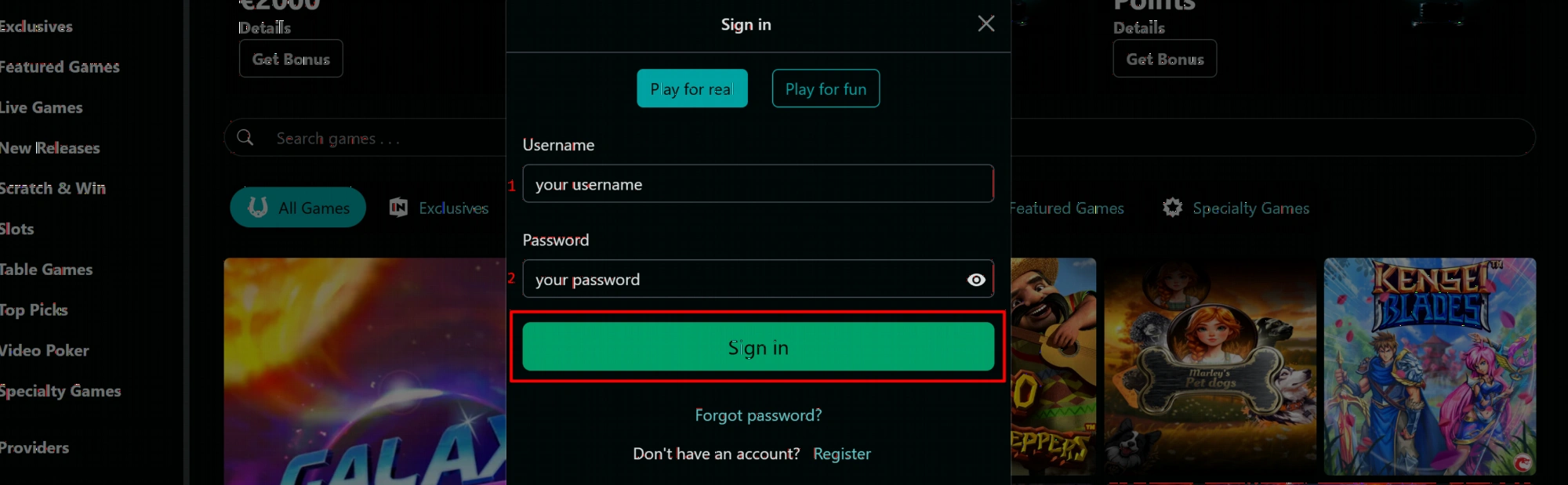 True Fortune Casino login screen