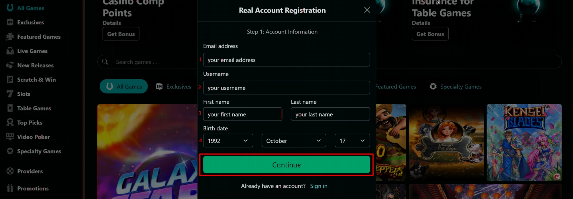 True Fortune Casino registration form for Australian players